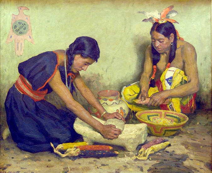 Grinding Corn by E.I. Couse, notable for its inclusion of the Santa Fe logo