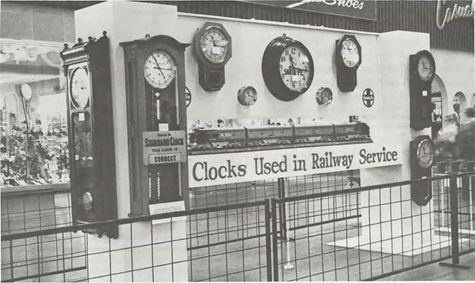 For National Transportation Week in 1970, a railroad timepiece exhibit was displayed at the White Lakes Mall in Topeka, Kansas, by the Santa Fe Time Service Department.