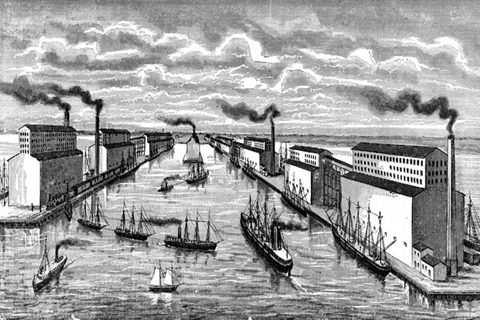 Duluth’s original “elevator row” off Rice’s Point around 1887. Image: Duluth Public Library.