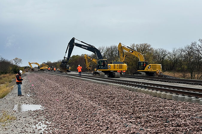 Engineering crews worked throughout the day to get the new track prepped and in service. 