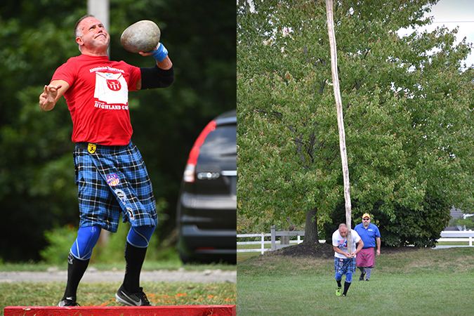 Left, Tedd launches a stone putt. Right, he participates in the caber toss, where competitors toss a 20-foot-long caber (a large log) as far as possible. 