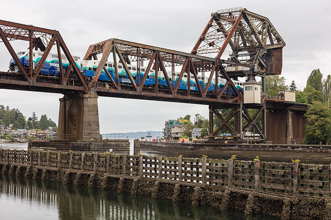 A Sounder train crosses BNSF’s Lake Washington Ship Canal bridge in Seattle.